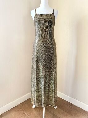 Vintage Emmanuel Gold Sequin Lurex Open Back Maxi Disco Slip Dress S Made in USA